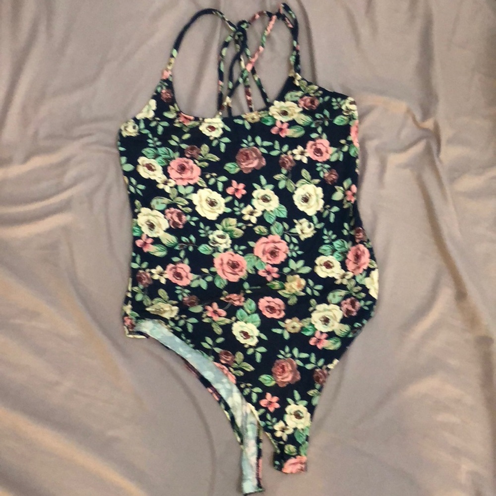 Floral body suit with strap detail